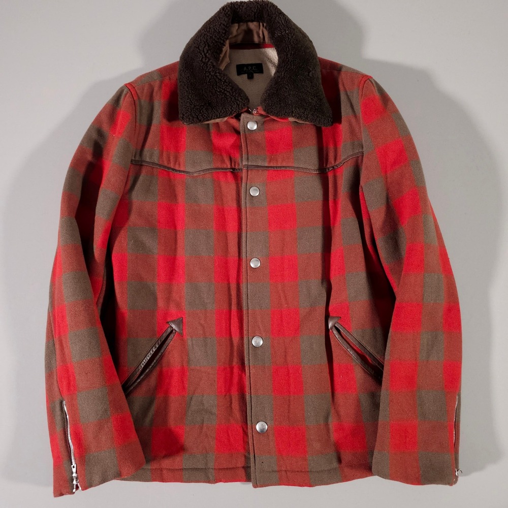 A.P.C. Plaid Wool Jacket Mens L Red Brown Shearling Collar Buffalo Check